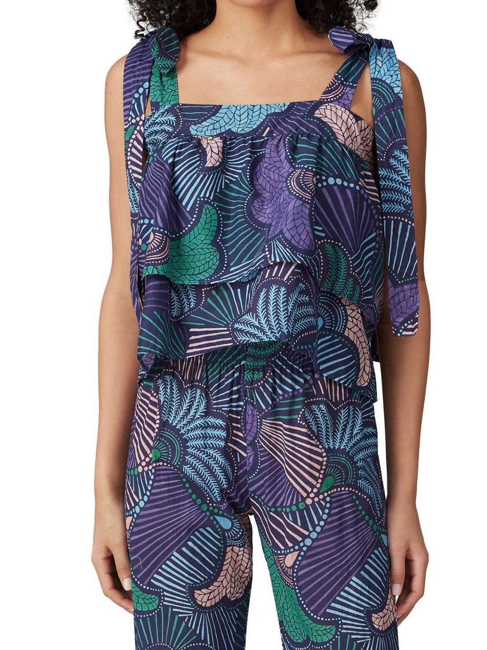 Warm~Woodstock~Navy Purple & Green Printed Tie-Shoulder Tank~Size 1 (S)~$375~